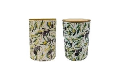 Générique Pot à Oignons Décoratif avec Motif Olives, Couvercle en Bois, Lot de 2