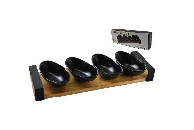 Plateau de Service en Acacia avec 4 Coupelles Noires, Set Apéritif