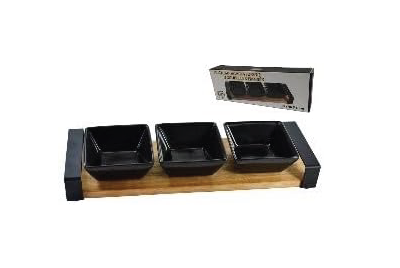 Plateau de Service en Acacia avec 3 Coupelles Noires, Set Apéritif