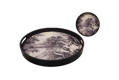 Plateau de Service Décoratif Tropical, Rond, 40 cm de Diamètre, 4,5 cm de Hauteur, Noir