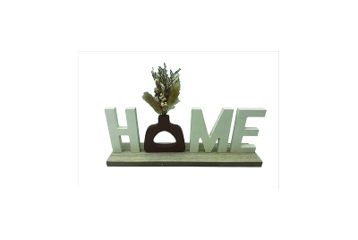 Générique Décoration 'HOME' avec Vase et Fleurs Séchées, Style Moderne, 30 x 20 cm, Blanc et Marron